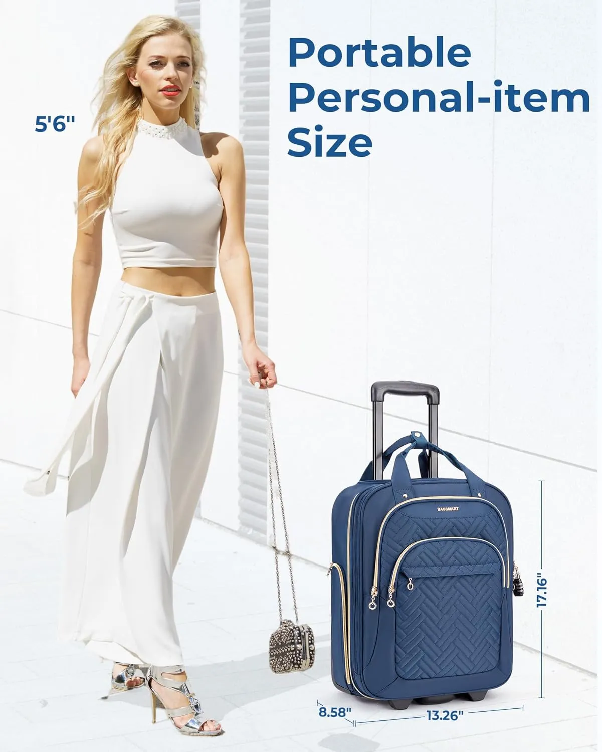 BAGSMART Underseat Carry On Luggage Airline approved,16-inch Underseater Softside Travel Suitcase with Wheels Lightweight Overnight Rolling Carry-on Luggage for Women Men Weekender,Dark Blue