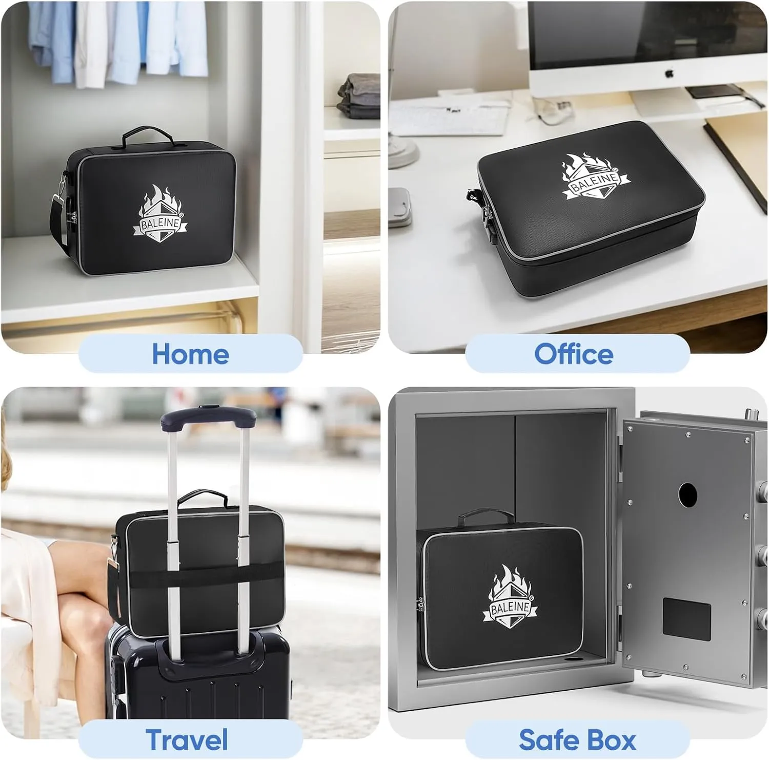 BALEINE Fireproof Document Box with Lock, Portable Fireproof Document Bag Waterproof Fire Proof File Boxes for Documents, File Organizer Box for Important Paperwork (Black, 15''x11''x4'')
