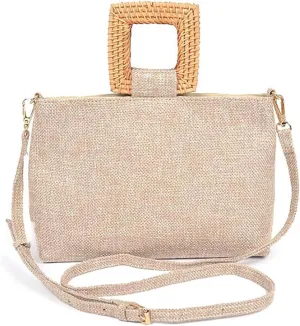 Bamboo Top Handle Linen Convertible Clutch Bag Women's Luxury Sparkle Evening Handbag for Dinner Party & Bridal Events