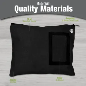 BankSupplies Canvas Interoffice Mailer | 12” W x 9” H | Large Storage Bag | Black Color | Grommet for Padlock & Zip Tie | 5” W x 3” H Framed Cardholder | Zipper Closure | Bank Bag