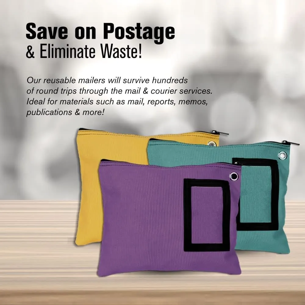 BankSupplies Canvas Interoffice Mailer | 12” W x 9” H | Large Storage Bag | Black Color | Grommet for Padlock & Zip Tie | 5” W x 3” H Framed Cardholder | Zipper Closure | Bank Bag