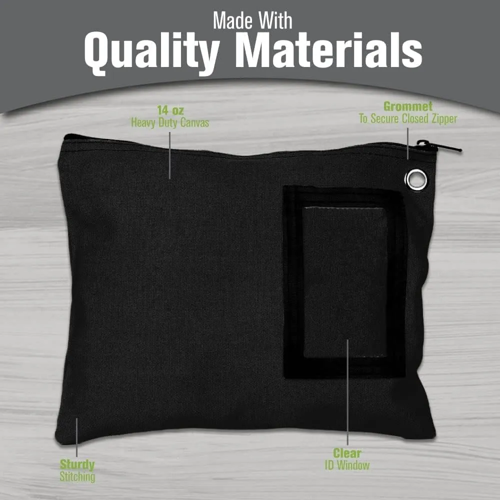 BankSupplies Canvas Interoffice Mailer | 12” W x 9” H | Large Storage Bag | Black Color | Grommet for Padlock & Zip Tie | 5” W x 3” H Framed Cardholder | Zipper Closure | Bank Bag