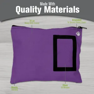 BankSupplies Canvas Interoffice Mailer | 12” W x 9” H | Large Storage Bag | Purple | Grommet for Padlock & Zip Tie | 5” W x 3” H Framed Cardholder | Zipper Closure | Bank Bag