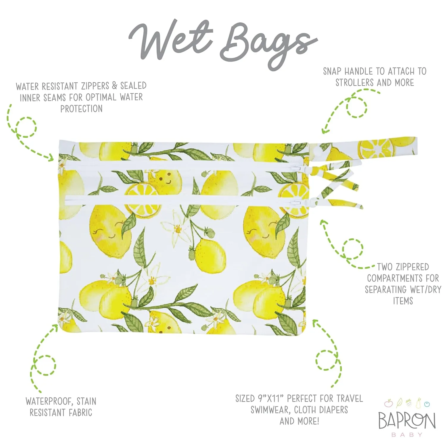 BapronBaby Fresh Lemon Wet Dry Bag - Waterproof Two Zipper Pockets - Reusable for Mealtime, Diapers, Stroller, Snacks, Swimsuits - Machine Washable - 11" x 9"