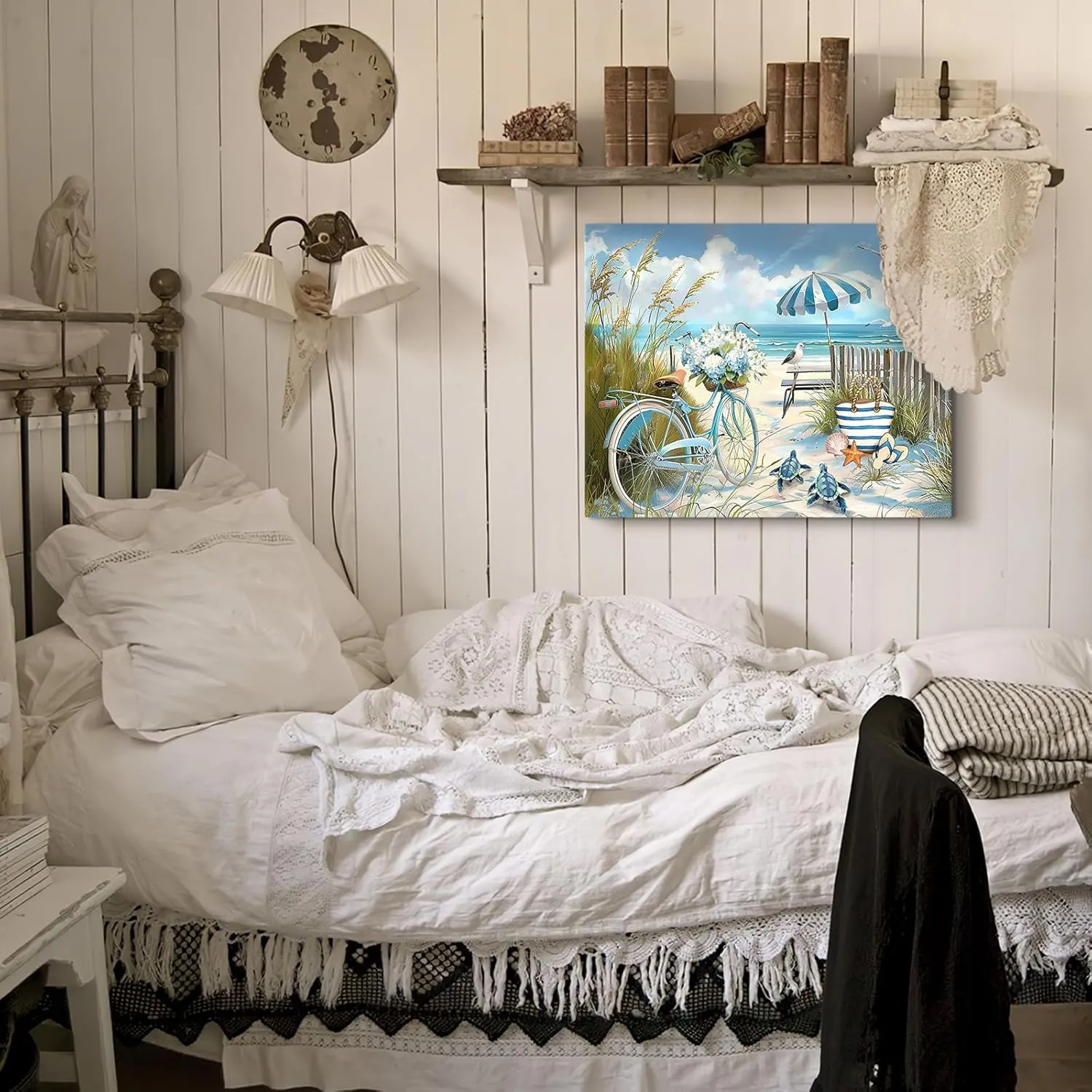 Bathroom Wall Art Beach Sea Turtle Pictures Ocean Coastal Bicycle Wall Decor Seascape Scene Canvas Print Painting Framed Artwork for Bathroom Bedroom Kitchen Office 12"x16"