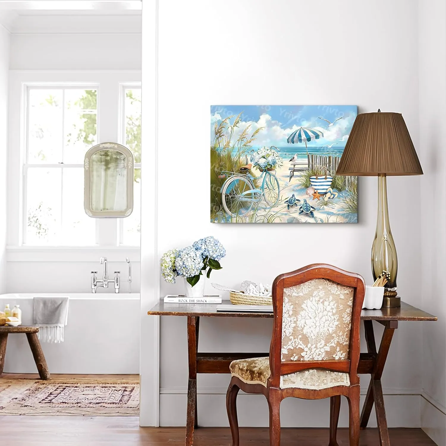 Bathroom Wall Art Beach Sea Turtle Pictures Ocean Coastal Bicycle Wall Decor Seascape Scene Canvas Print Painting Framed Artwork for Bathroom Bedroom Kitchen Office 12"x16"