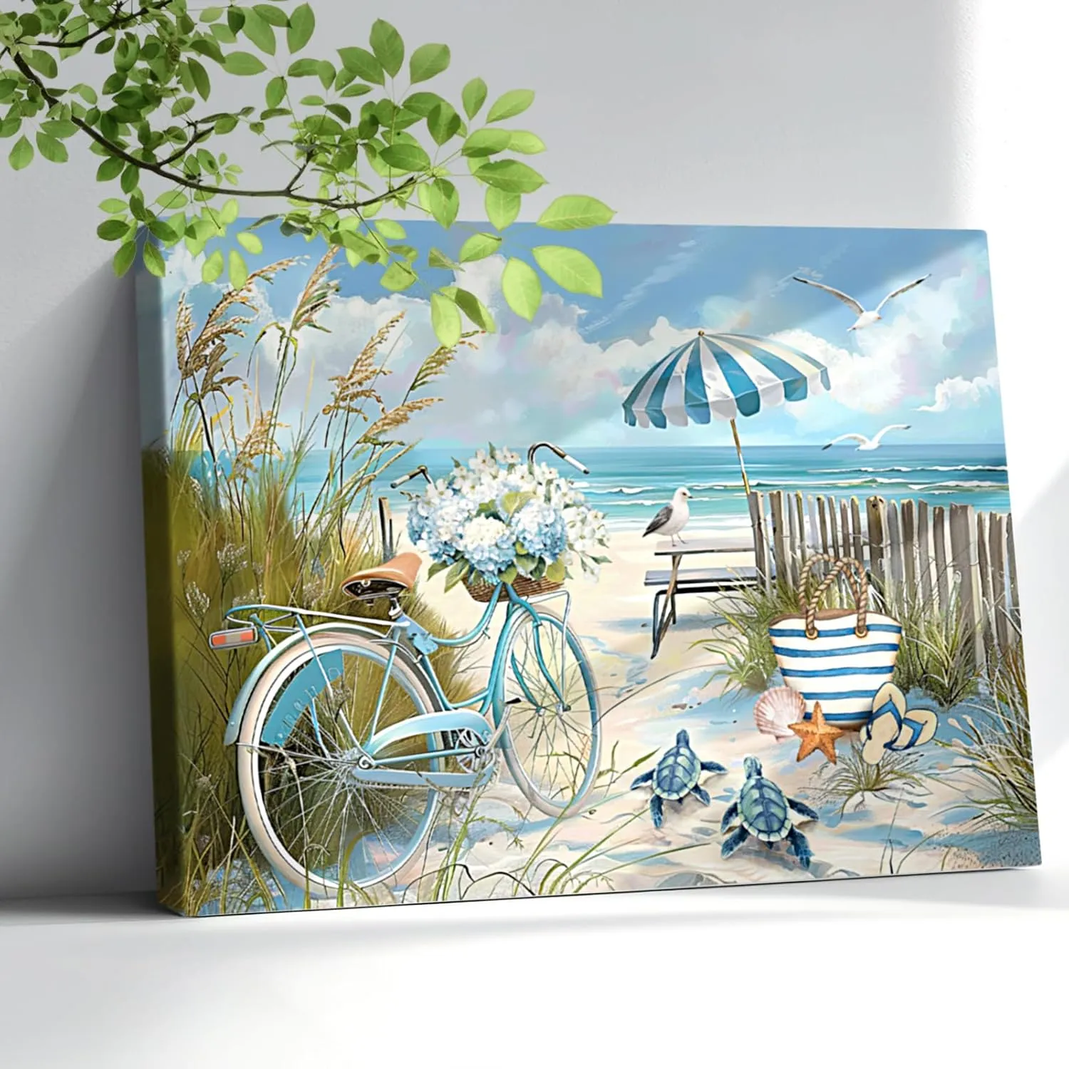 Bathroom Wall Art Beach Sea Turtle Pictures Ocean Coastal Bicycle Wall Decor Seascape Scene Canvas Print Painting Framed Artwork for Bathroom Bedroom Kitchen Office 12"x16"