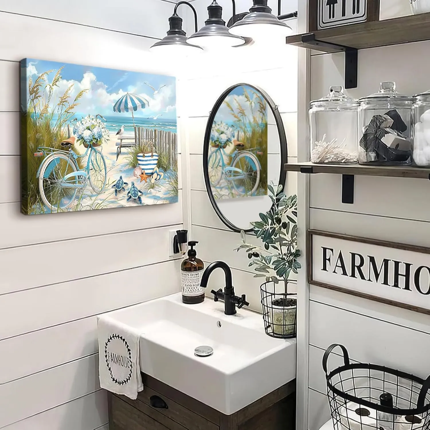 Bathroom Wall Art Beach Sea Turtle Pictures Ocean Coastal Bicycle Wall Decor Seascape Scene Canvas Print Painting Framed Artwork for Bathroom Bedroom Kitchen Office 12"x16"