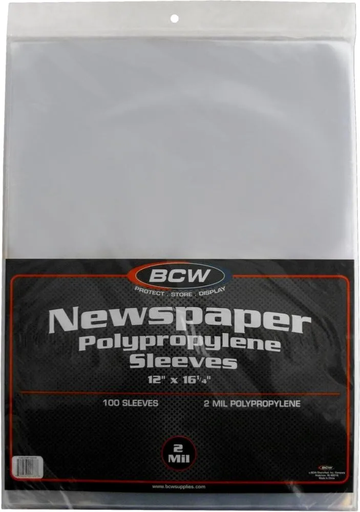BCW Newspaper Sleeves 12x16 – 100 Pack | Crystal Clear 2 Mil Archival Protectors | Acid-Free Polypropylene for Newspapers, Prints, Posters & Collectibles