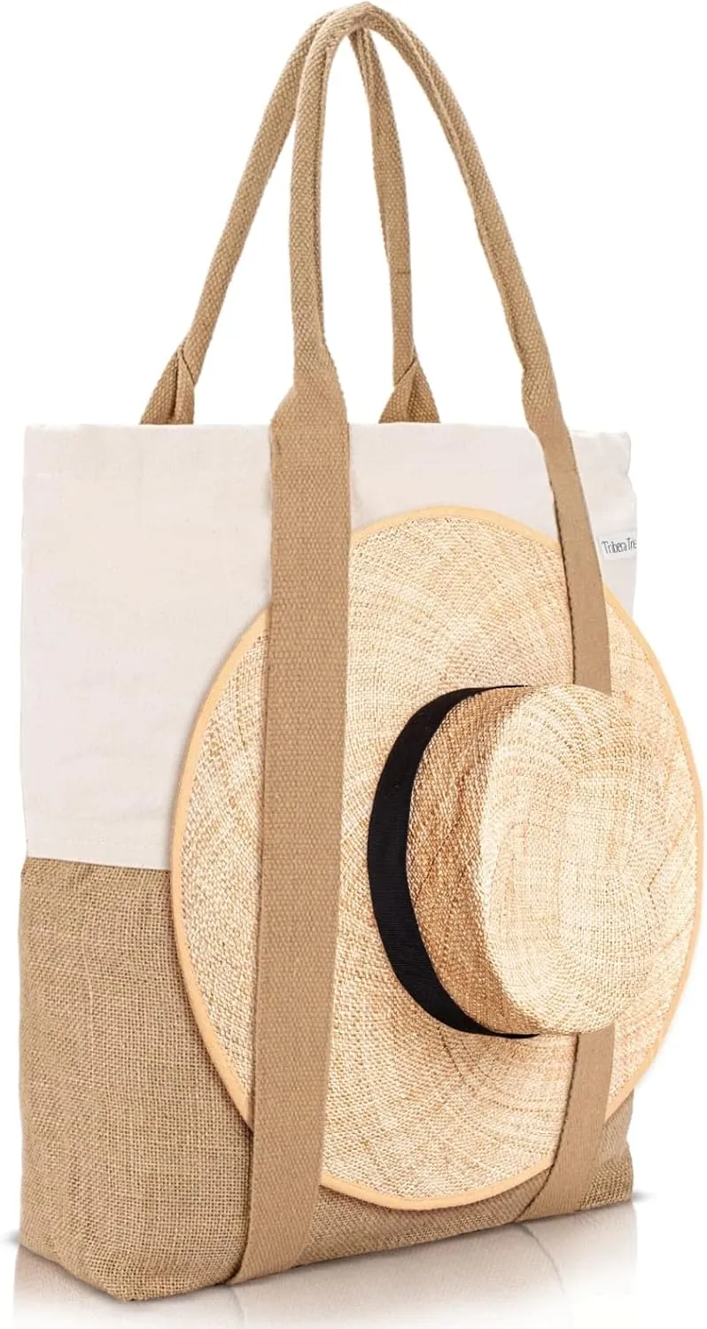 Beach Bag - Large Woven Beach Tote Bag - Boho Chic Travel Tote Bag With Hat Holder
