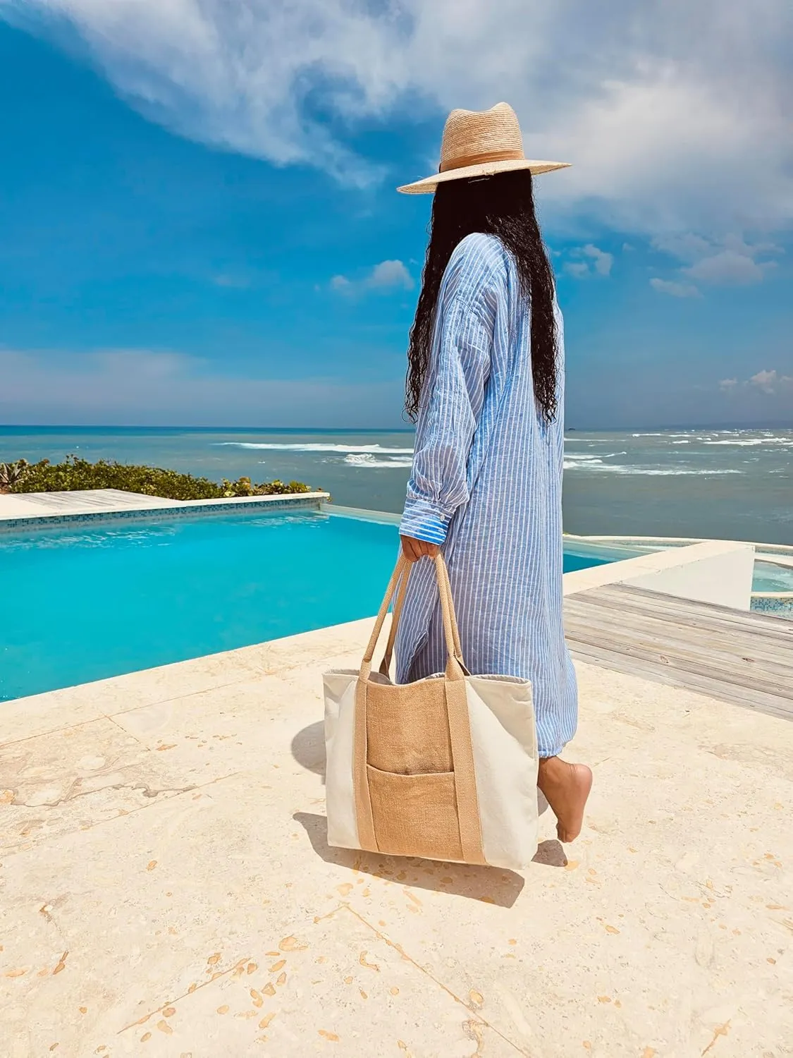 Beach Bag - Large Woven Beach Tote Bag - Boho Chic Travel Tote Bag With Hat Holder