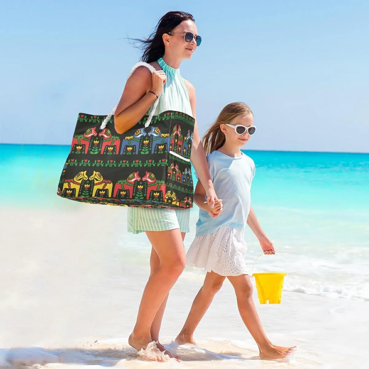 Beach Bag Swedish Dala Horse Folk Tote Travel Bag luggage bag Grocery Shopping Bag Carry Bag