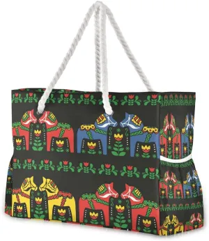 Beach Bag Swedish Dala Horse Folk Tote Travel Bag luggage bag Grocery Shopping Bag Carry Bag