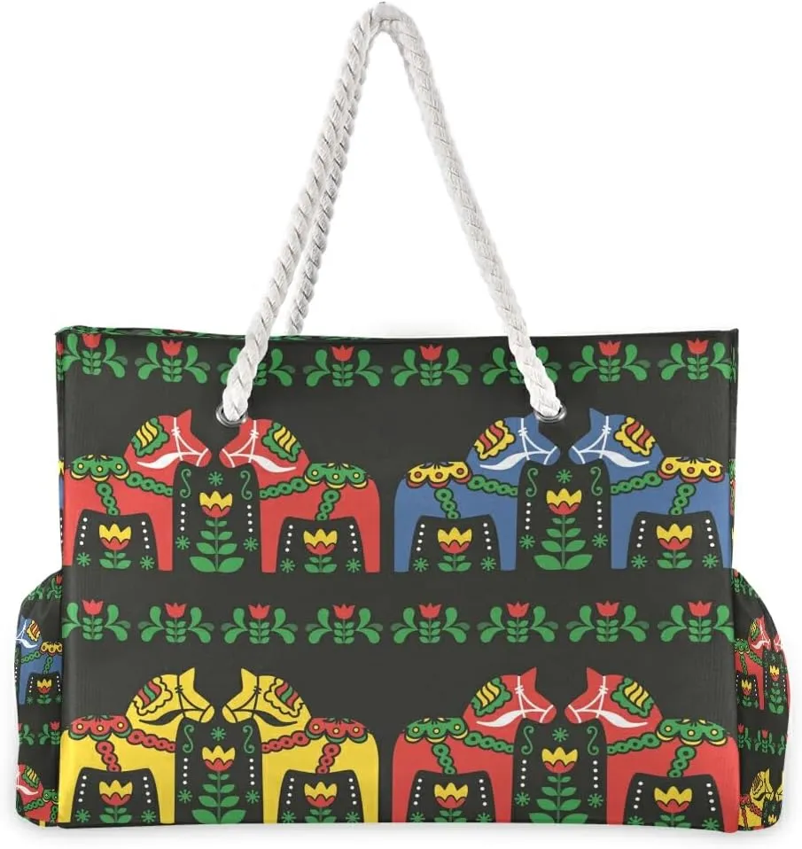 Beach Bag Swedish Dala Horse Folk Tote Travel Bag luggage bag Grocery Shopping Bag Carry Bag