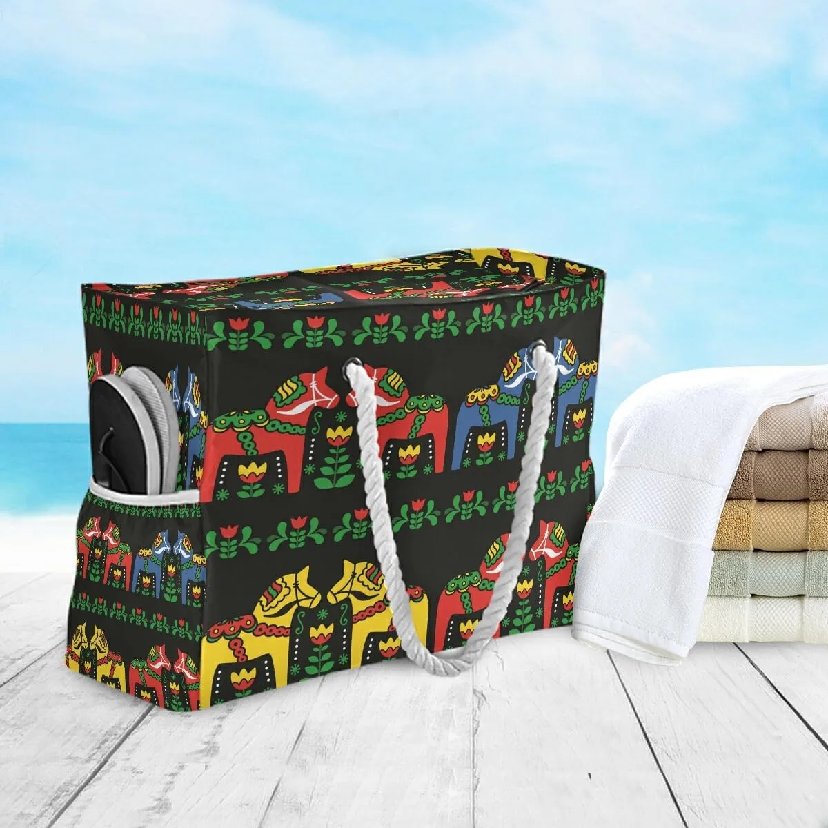 Beach Bag Swedish Dala Horse Folk Tote Travel Bag luggage bag Grocery Shopping Bag Carry Bag