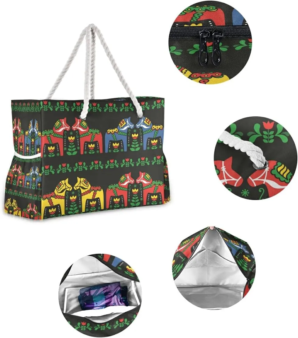 Beach Bag Swedish Dala Horse Folk Tote Travel Bag luggage bag Grocery Shopping Bag Carry Bag