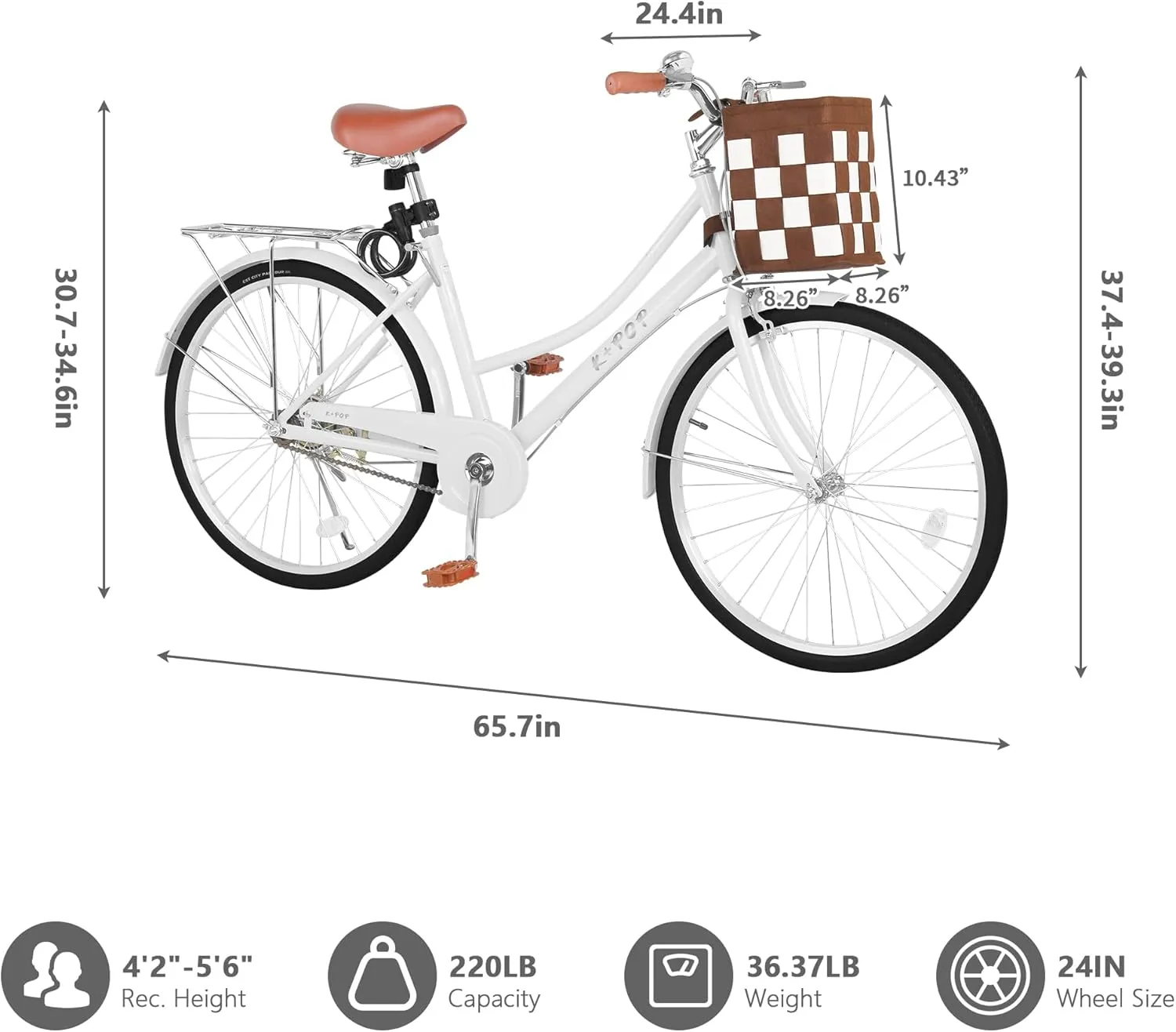 Beach Cruiser Bike for Women, 24 Inch Bikes for Women with Basket, Womens Bicycle with Adjustable Seat, Single Speed City Commuter Cruiser Bike, Adult Bicycle with Rack & Lock