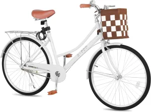 Beach Cruiser Bike for Women, 24 Inch Bikes for Women with Basket, Womens Bicycle with Adjustable Seat, Single Speed City Commuter Cruiser Bike, Adult Bicycle with Rack & Lock