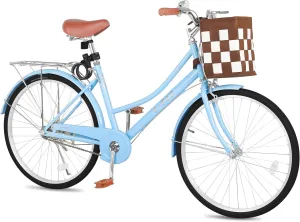 Beach Cruiser Bike for Women, 24 Inch Bikes for Women with Basket, Womens Bicycle with Adjustable Seat, Single Speed City Commuter Cruiser Bike, Adult Bicycle with Rack & Lock