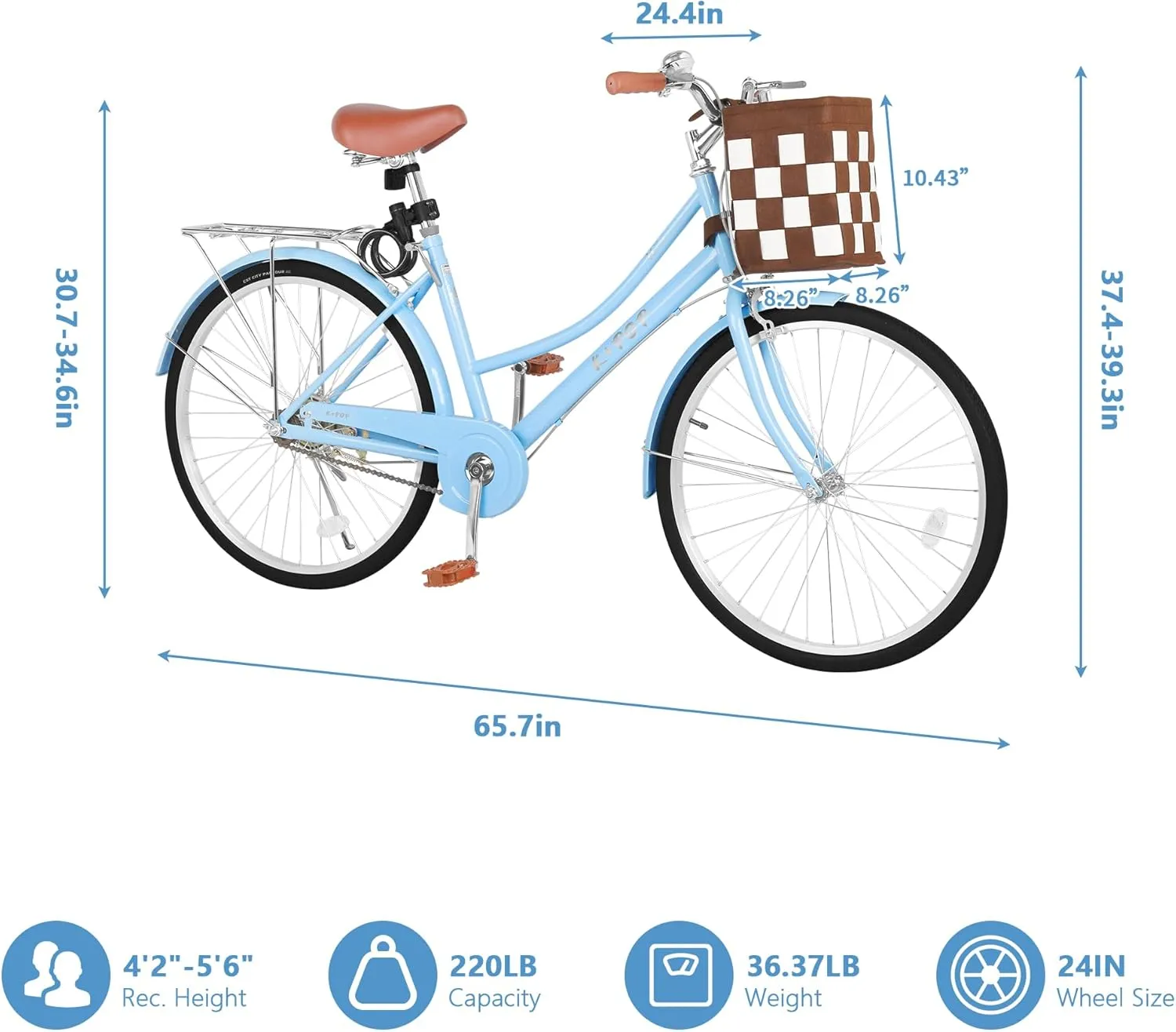 Beach Cruiser Bike for Women, 24 Inch Bikes for Women with Basket, Womens Bicycle with Adjustable Seat, Single Speed City Commuter Cruiser Bike, Adult Bicycle with Rack & Lock