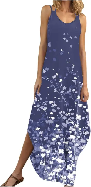 Beach Dresses for Women 2025 Vacation Spring Boho Floral Long Sundress Summer Flowy Sleeveless Casual Maxi Dress