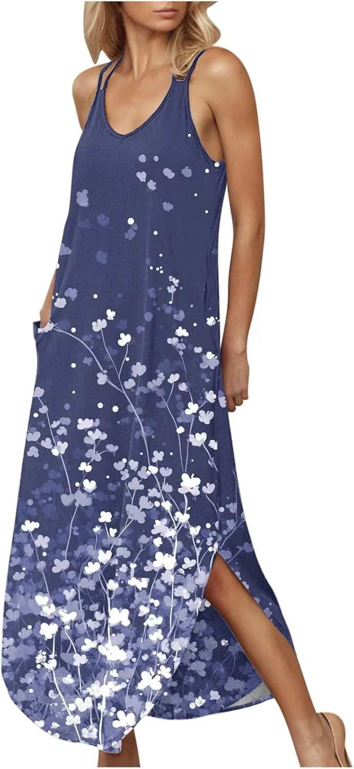 Beach Dresses for Women 2025 Vacation Spring Boho Floral Long Sundress Summer Flowy Sleeveless Casual Maxi Dress