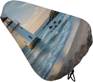 Beach Lighthouse Bike Seat Cover Water-Repellent Exercise Bike Seat Cushion Bicycle Saddle Cover with Drawstring Rain Snow Dust Covers for City Mountain Road Biking