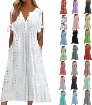 Beach Sundresses for Women 2025 Vacation Short Sleeve Dress Casual Plus Size V-Neck A Line Maxi Dresses with Pockets
