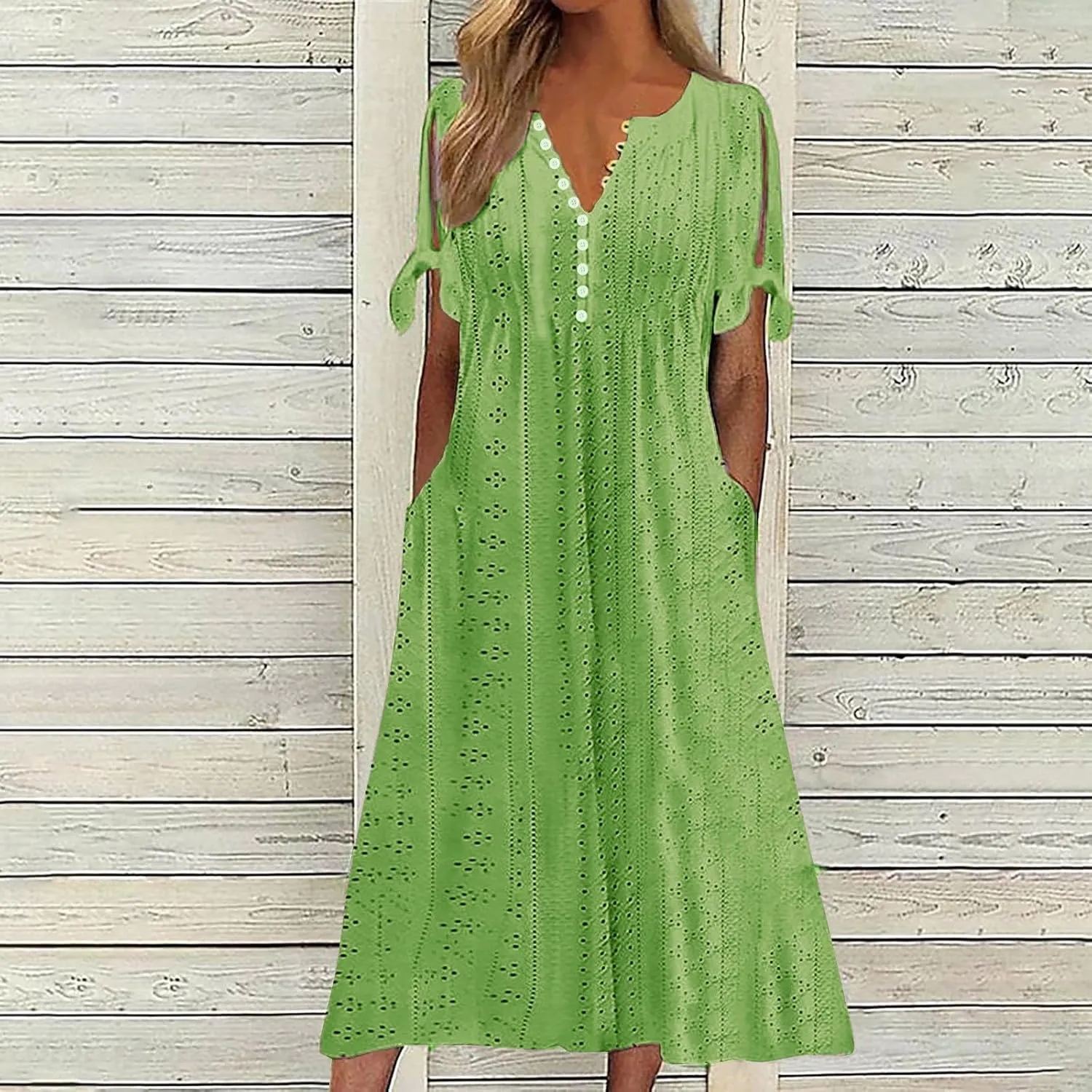 Beach Sundresses for Women 2025 Vacation Short Sleeve Dress Casual Plus Size V-Neck A Line Maxi Dresses with Pockets