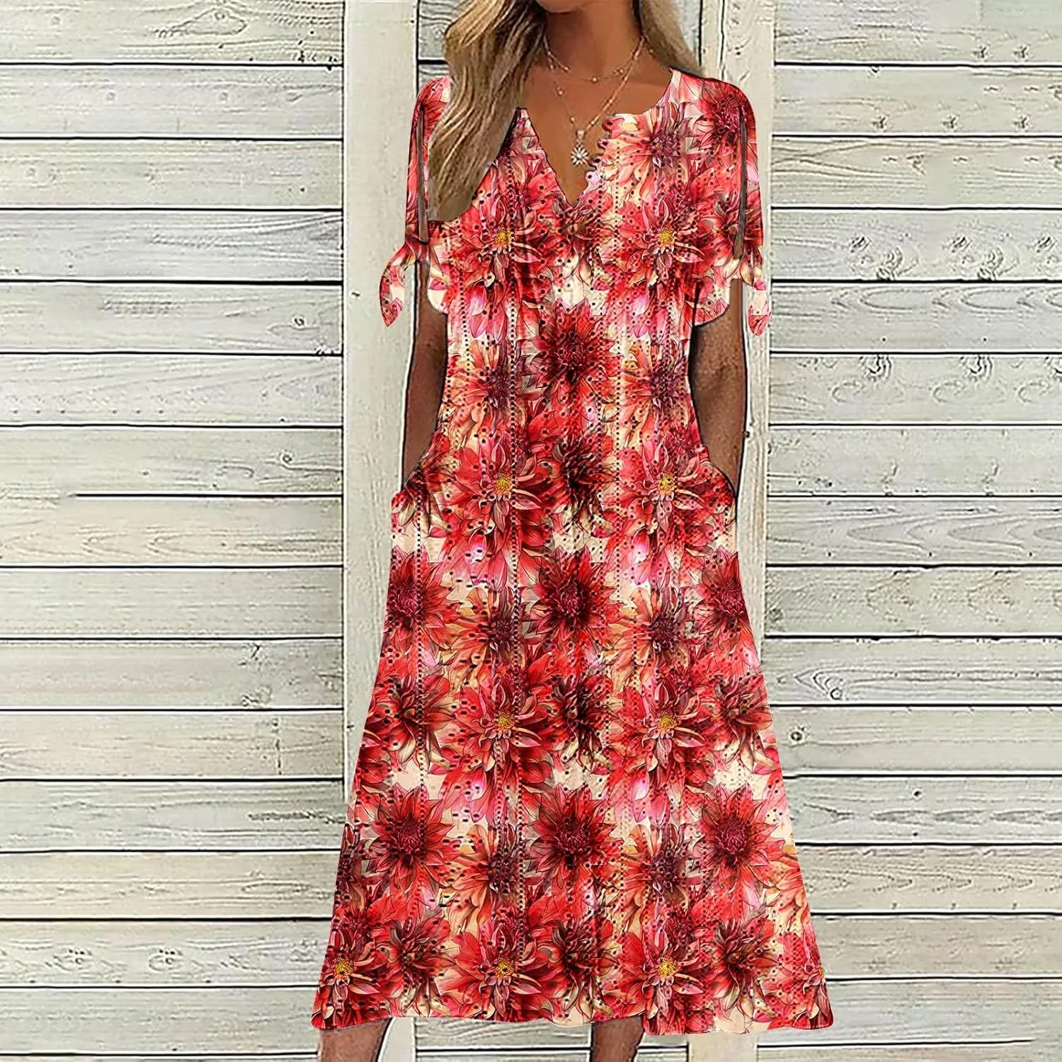 Beach Sundresses for Women 2025 Vacation Short Sleeve Dress Casual Plus Size V-Neck A Line Maxi Dresses with Pockets