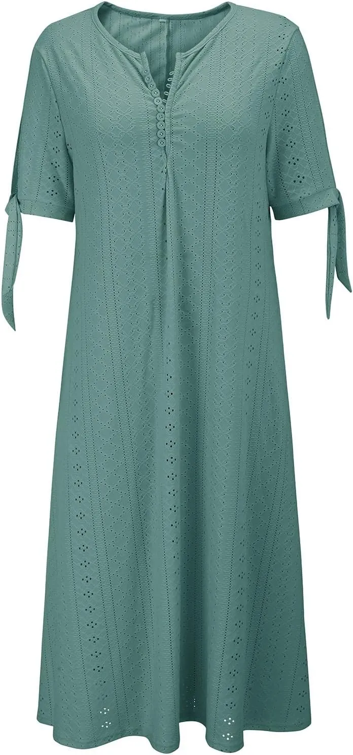 Beach Sundresses for Women 2025 Vacation Short Sleeve Dress Casual Plus Size V-Neck A Line Maxi Dresses with Pockets