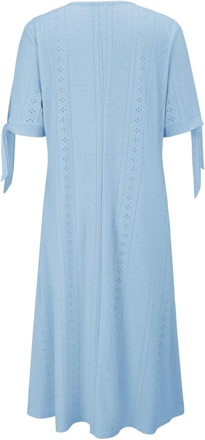 Beach Sundresses for Women 2025 Vacation Short Sleeve Dress Casual Plus Size V-Neck A Line Maxi Dresses with Pockets