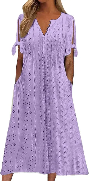 Beach Sundresses for Women 2025 Vacation Short Sleeve Dress Casual Plus Size V-Neck A Line Maxi Dresses with Pockets