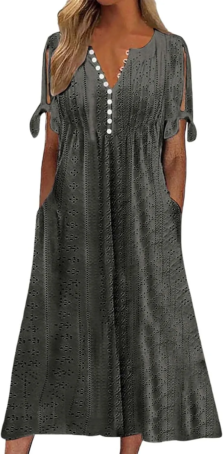 Beach Sundresses for Women 2025 Vacation Short Sleeve Dress Casual Plus Size V-Neck A Line Maxi Dresses with Pockets