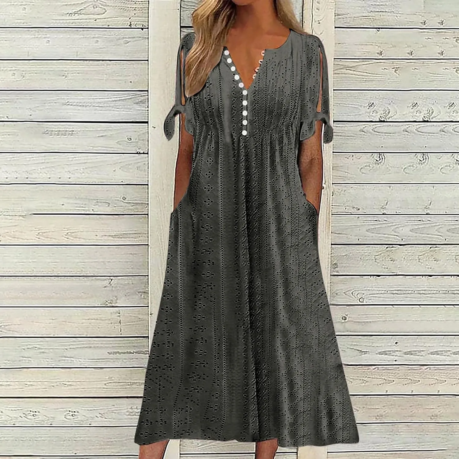 Beach Sundresses for Women 2025 Vacation Short Sleeve Dress Casual Plus Size V-Neck A Line Maxi Dresses with Pockets