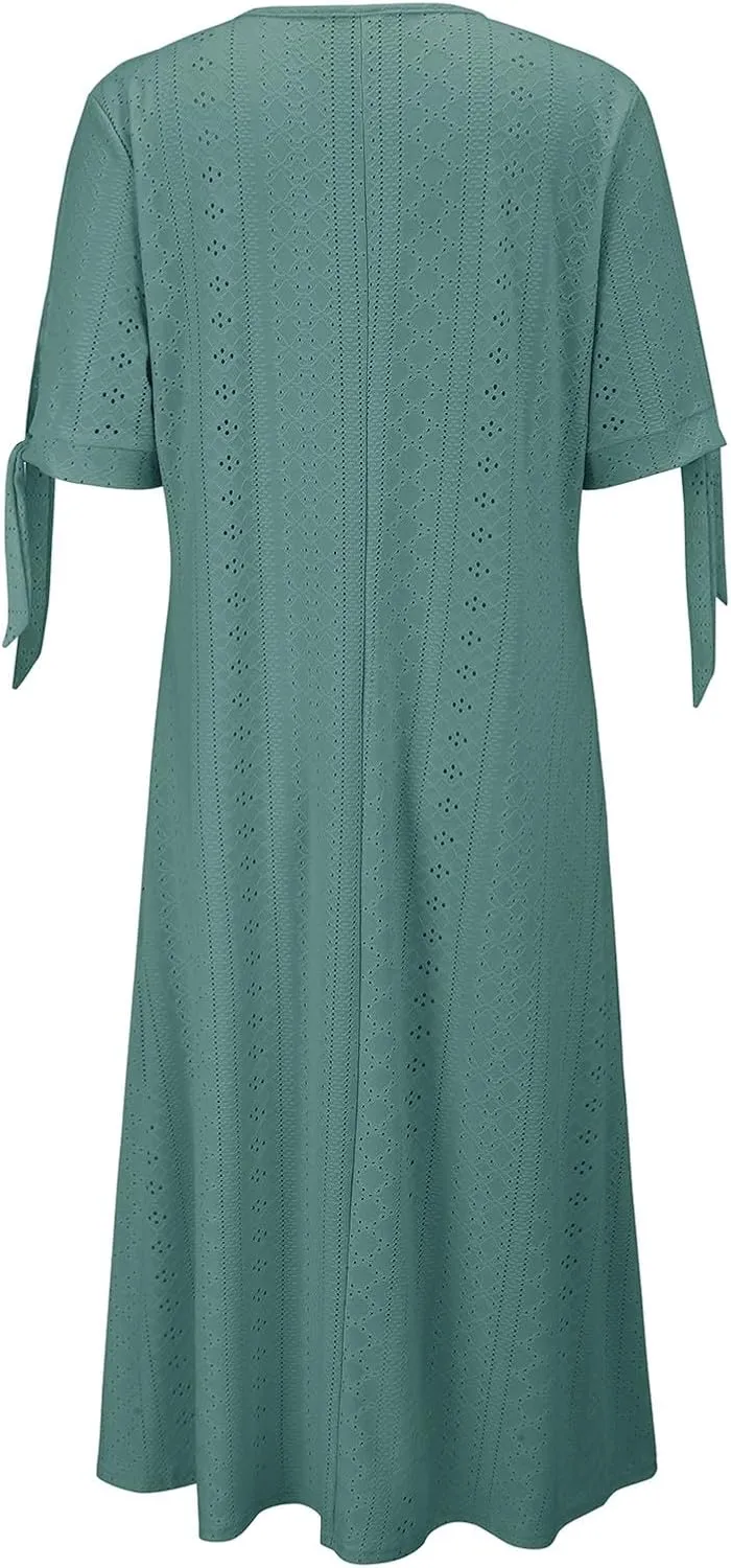 Beach Sundresses for Women 2025 Vacation Short Sleeve Dress Casual Plus Size V-Neck A Line Maxi Dresses with Pockets