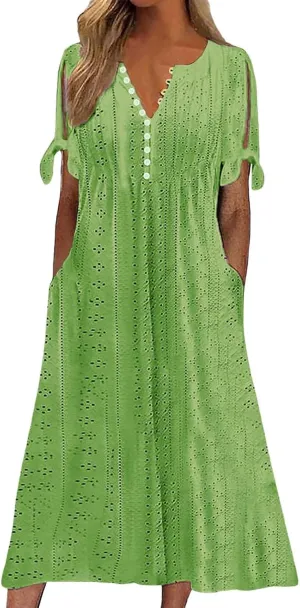 Beach Sundresses for Women 2025 Vacation Short Sleeve Dress Casual Plus Size V-Neck A Line Maxi Dresses with Pockets