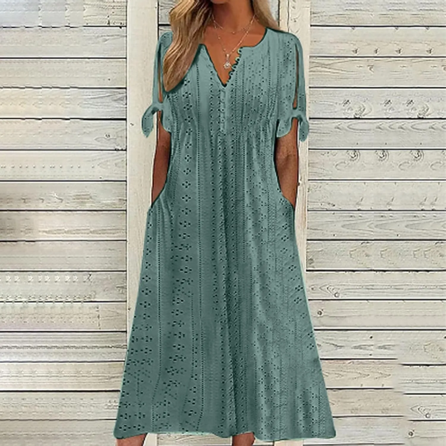 Beach Sundresses for Women 2025 Vacation Short Sleeve Dress Casual Plus Size V-Neck A Line Maxi Dresses with Pockets