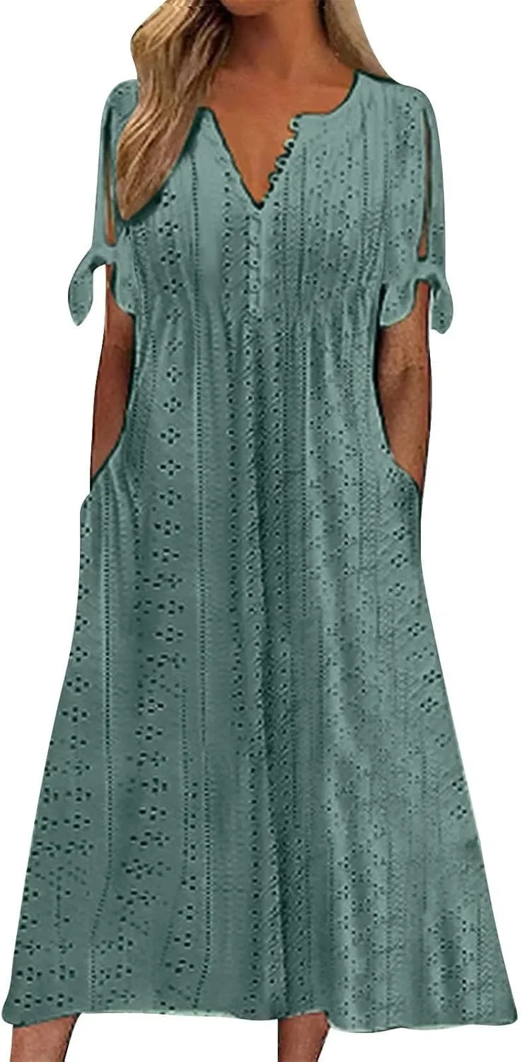 Beach Sundresses for Women 2025 Vacation Short Sleeve Dress Casual Plus Size V-Neck A Line Maxi Dresses with Pockets