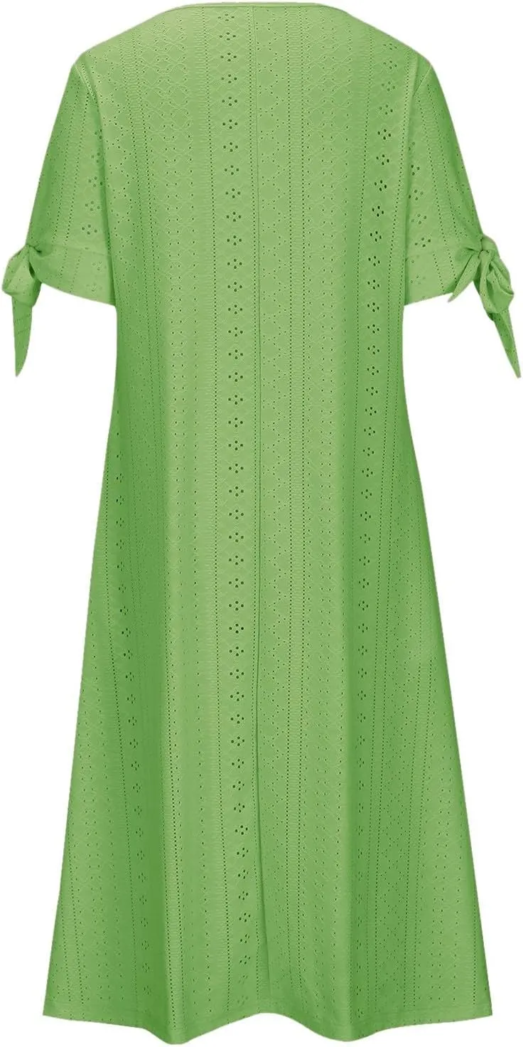 Beach Sundresses for Women 2025 Vacation Short Sleeve Dress Casual Plus Size V-Neck A Line Maxi Dresses with Pockets