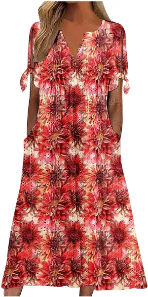 Beach Sundresses for Women 2025 Vacation Short Sleeve Dress Casual Plus Size V-Neck A Line Maxi Dresses with Pockets