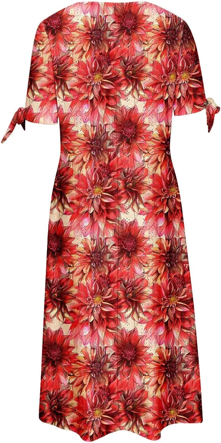 Beach Sundresses for Women 2025 Vacation Short Sleeve Dress Casual Plus Size V-Neck A Line Maxi Dresses with Pockets