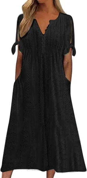 Beach Sundresses for Women 2025 Vacation Short Sleeve Dress Casual Plus Size V-Neck A Line Maxi Dresses with Pockets