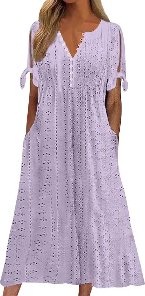 Beach Sundresses for Women 2025 Vacation Short Sleeve Dress Casual Plus Size V-Neck A Line Maxi Dresses with Pockets