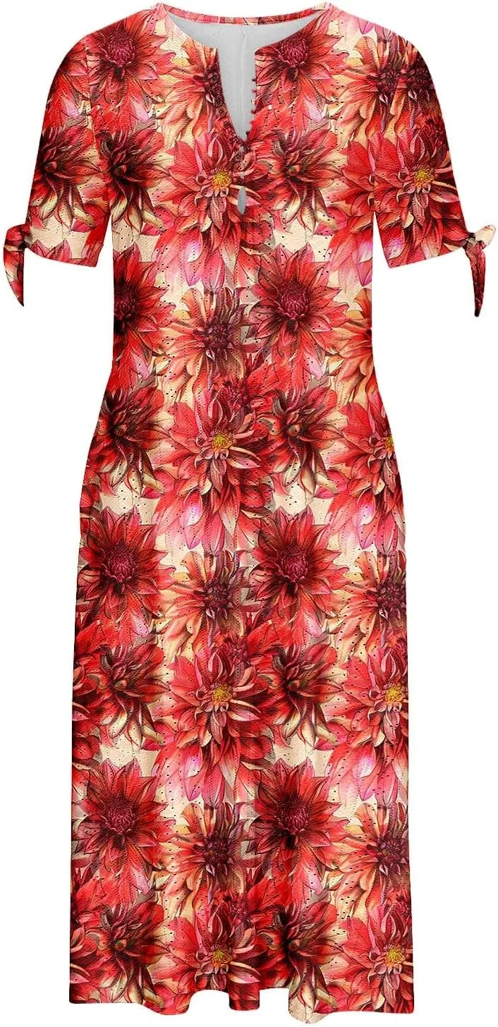 Beach Sundresses for Women 2025 Vacation Short Sleeve Dress Casual Plus Size V-Neck A Line Maxi Dresses with Pockets