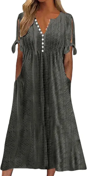 Beach Sundresses for Women 2025 Vacation Short Sleeve Dress Casual Plus Size V-Neck A Line Maxi Dresses with Pockets