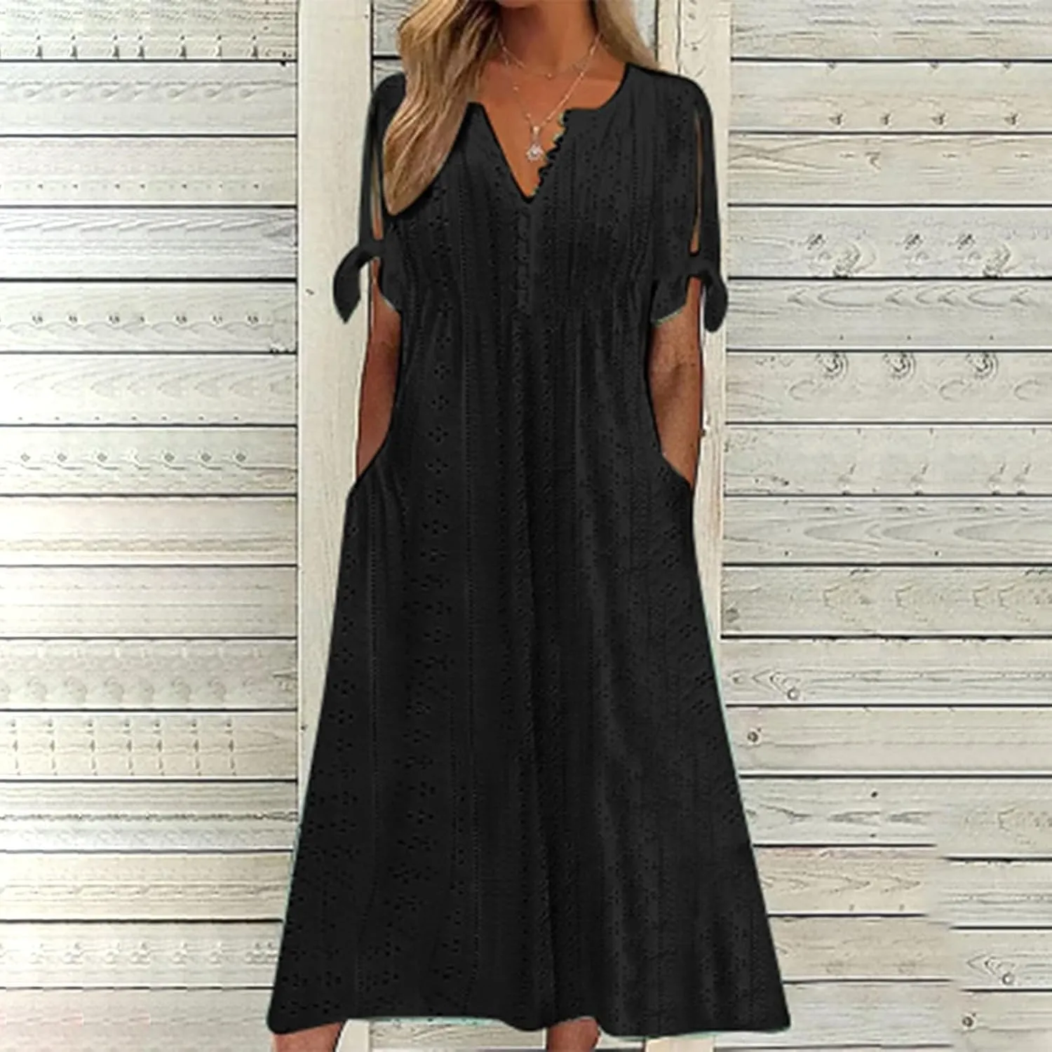 Beach Sundresses for Women 2025 Vacation Short Sleeve Dress Casual Plus Size V-Neck A Line Maxi Dresses with Pockets