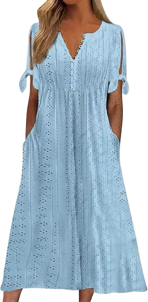 Beach Sundresses for Women 2025 Vacation Short Sleeve Dress Casual Plus Size V-Neck A Line Maxi Dresses with Pockets