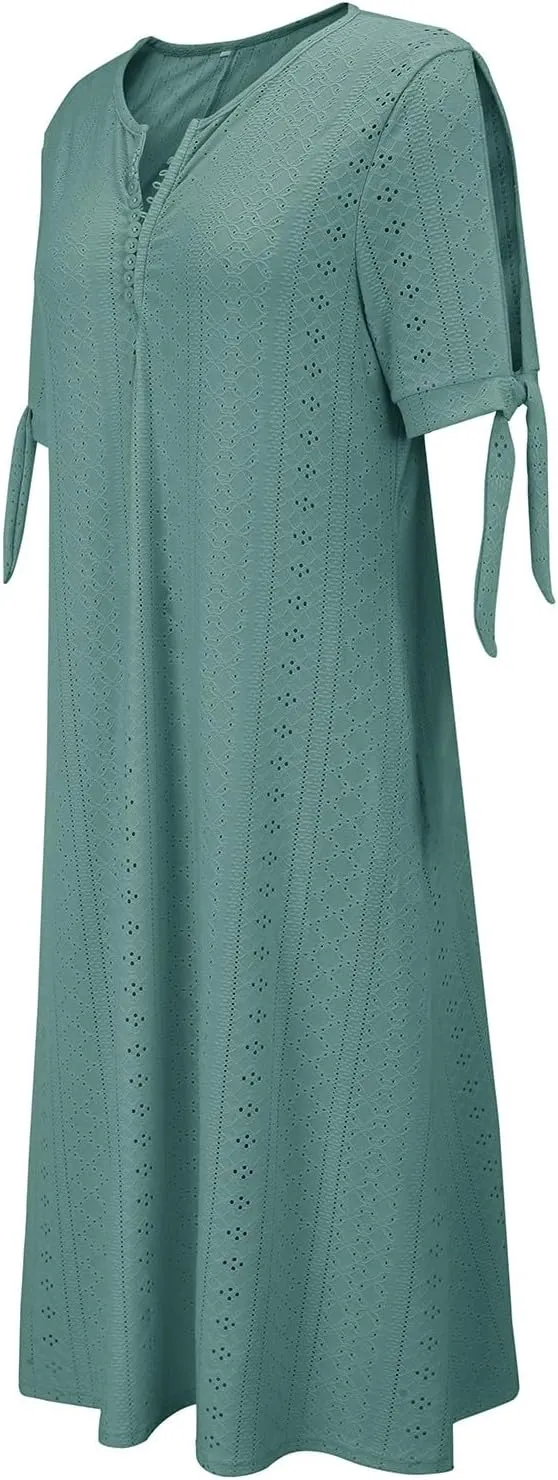 Beach Sundresses for Women 2025 Vacation Short Sleeve Dress Casual Plus Size V-Neck A Line Maxi Dresses with Pockets