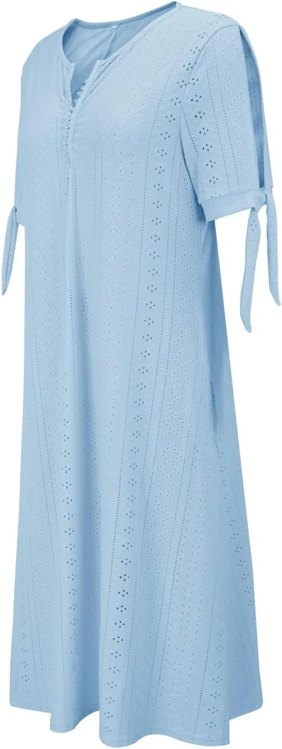 Beach Sundresses for Women 2025 Vacation Short Sleeve Dress Casual Plus Size V-Neck A Line Maxi Dresses with Pockets